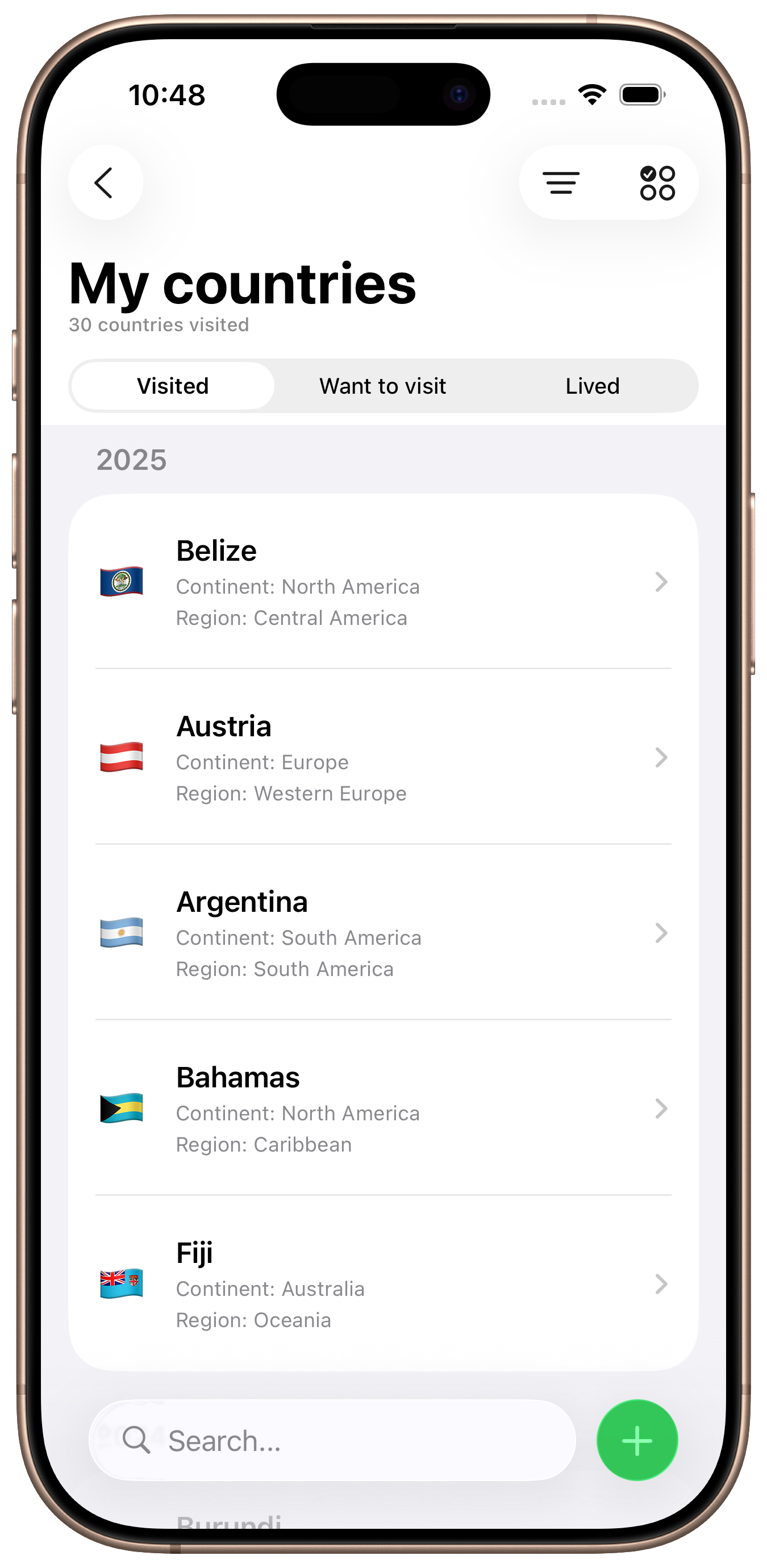 Image of iPhone on the country list view for Borderless